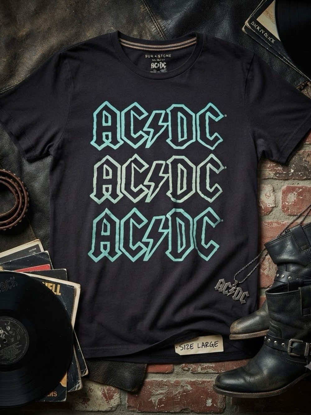 AC/DC Black Short-Sleeve Tee with Teal Logo Print
